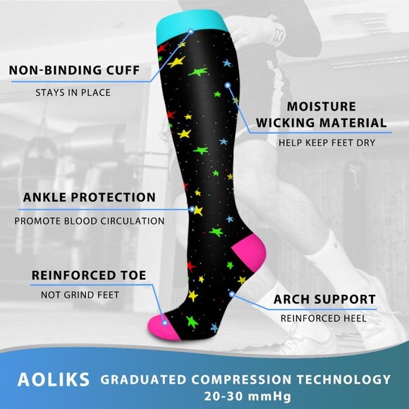 🆕Women  Men 7 Pairs Graduated Compression Socks Pink Green Blue Nylon - Picture 5 of 6